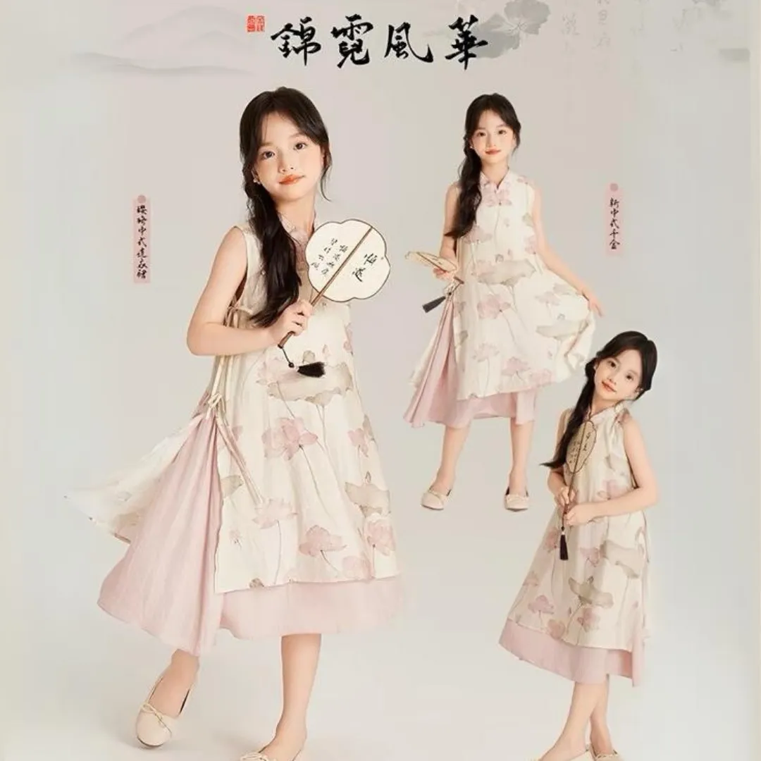 中式假两件莲花旗袍裙 Chinese Style Lotus Print Fake Two-Piece Layered Dress