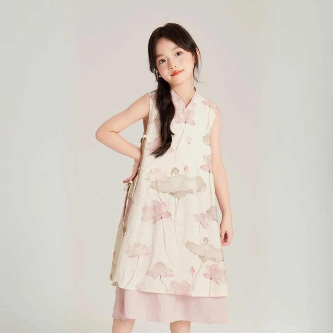 中式假两件莲花旗袍裙 Chinese Style Lotus Print Fake Two-Piece Layered Dress