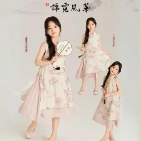 中式假两件莲花旗袍裙 Chinese Style Lotus Print Fake Two-Piece Layered Dress