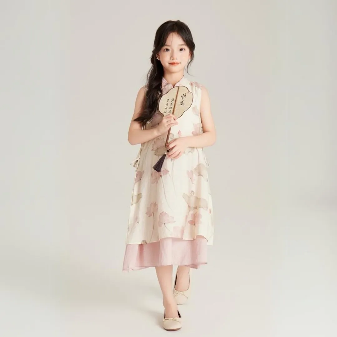 中式假两件莲花旗袍裙 Chinese Style Lotus Print Fake Two-Piece Layered Dress