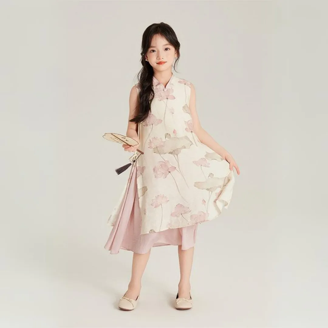 中式假两件莲花旗袍裙 Chinese Style Lotus Print Fake Two-Piece Layered Dress