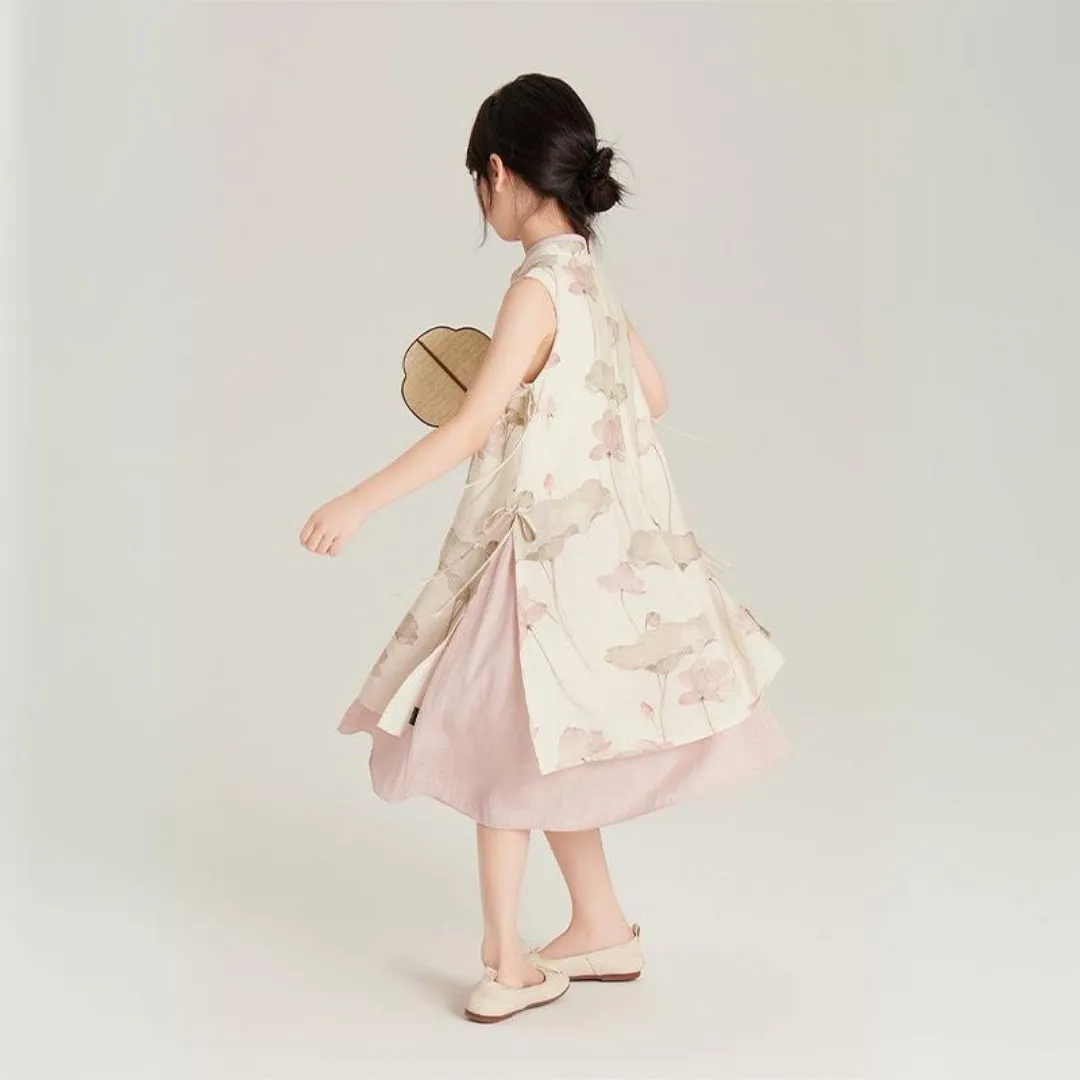 中式假两件莲花旗袍裙 Chinese Style Lotus Print Fake Two-Piece Layered Dress