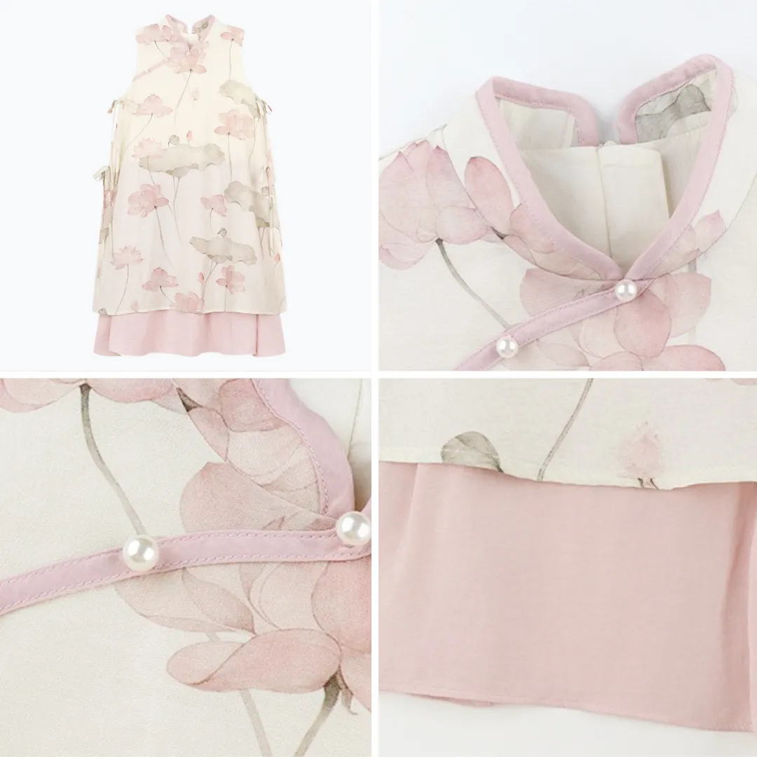 中式假两件莲花旗袍裙 Chinese Style Lotus Print Fake Two-Piece Layered Dress