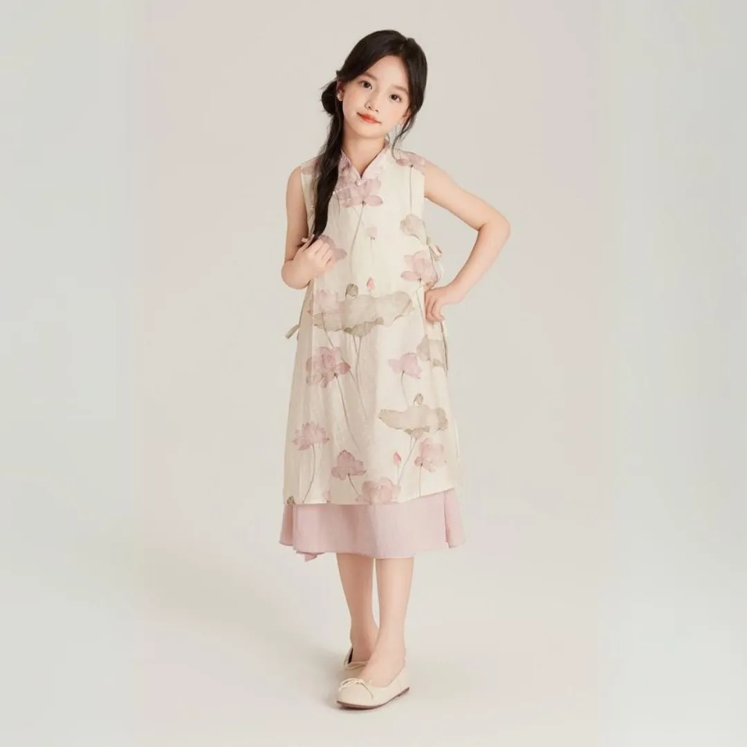 中式假两件莲花旗袍裙 Chinese Style Lotus Print Fake Two-Piece Layered Dress