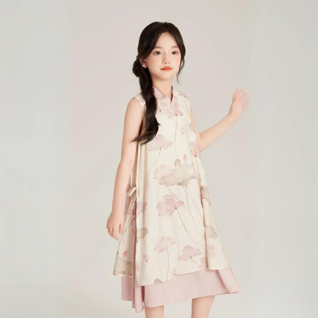 中式假两件莲花旗袍裙 Chinese Style Lotus Print Fake Two-Piece Layered Dress
