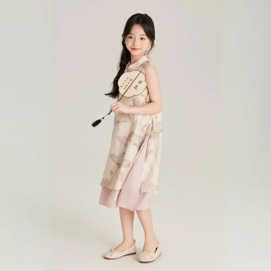 中式假两件莲花旗袍裙 Chinese Style Lotus Print Fake Two-Piece Layered Dress