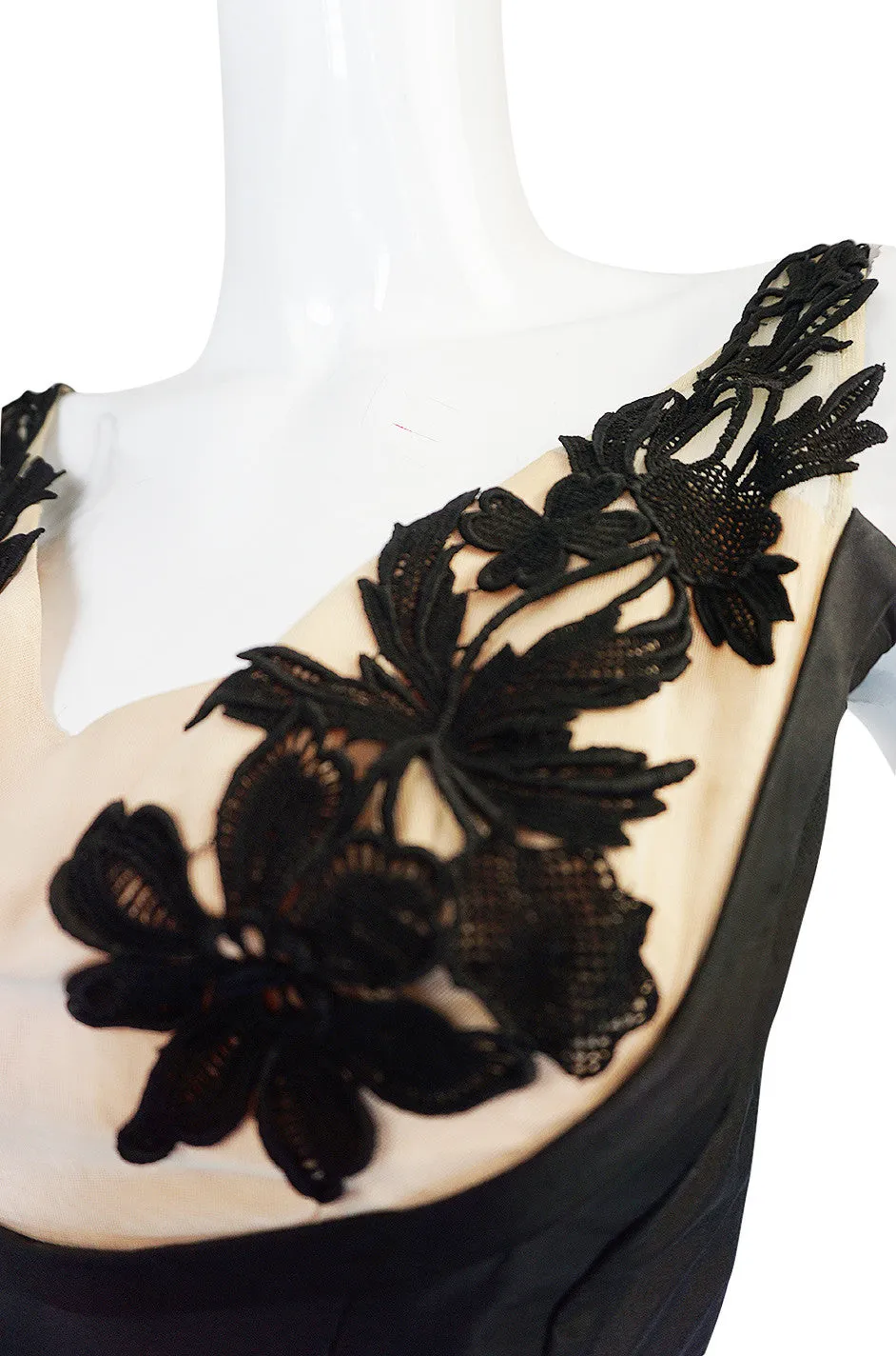 1950s Floral & Nude Applique Bust Black Silk Bombshell Dress
