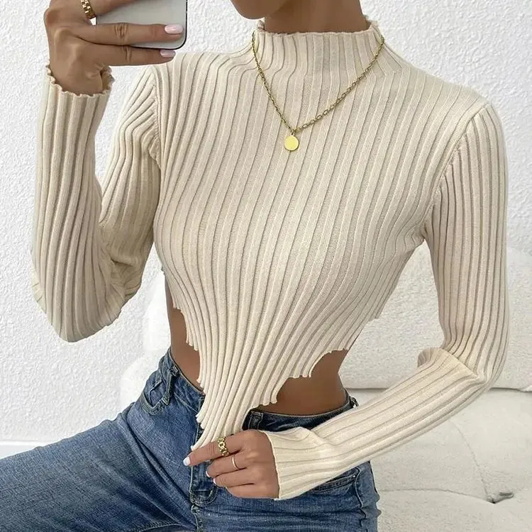 2023 Autumn Winter Women Sexy Knitted Basic Sweaters Jumper Solid Crop Tops Bodycon Slim Long Sleeve Turtleneck Pullover