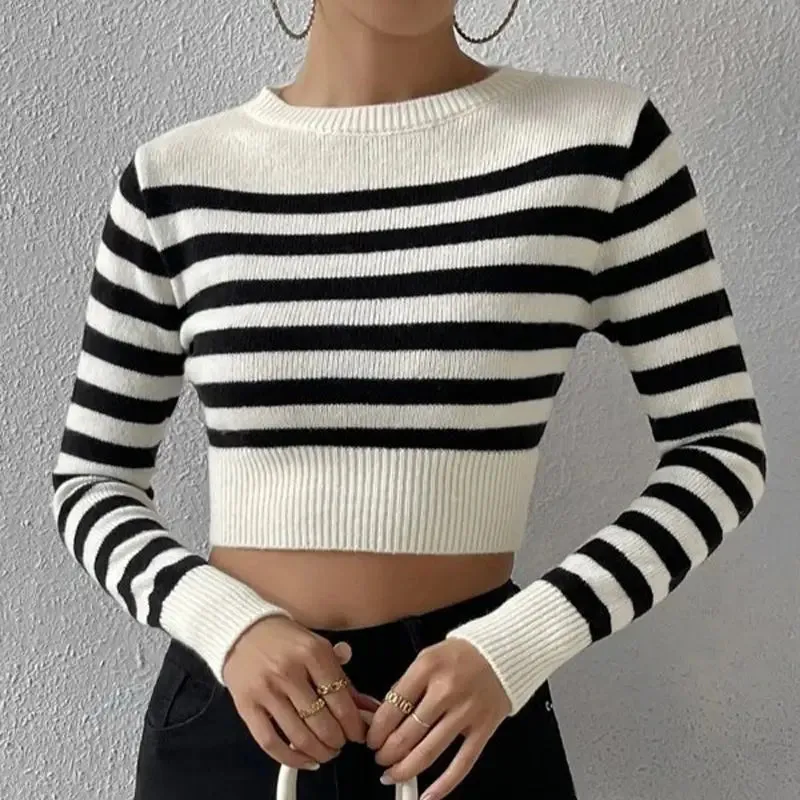 2023 Autumn Winter Women Striped Basic Sweaters Jumper Knitted Crop Tops Bodycon Slim Long Sleeve O-neck Pullover