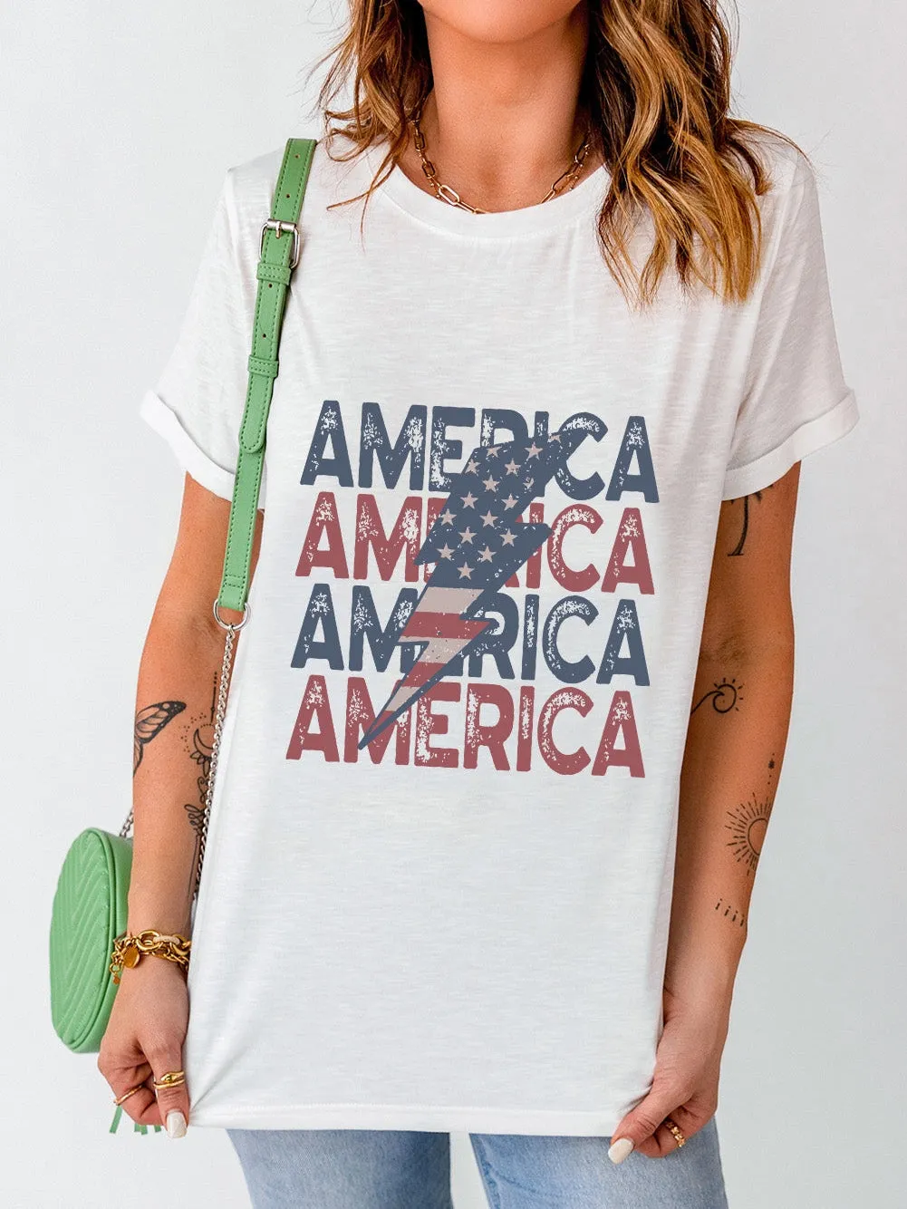 AMERICA Flag Lightning Print White Tee