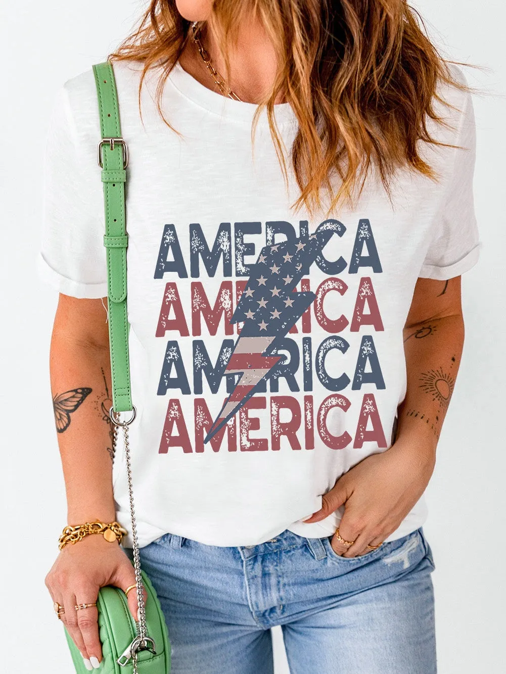 AMERICA Flag Lightning Print White Tee