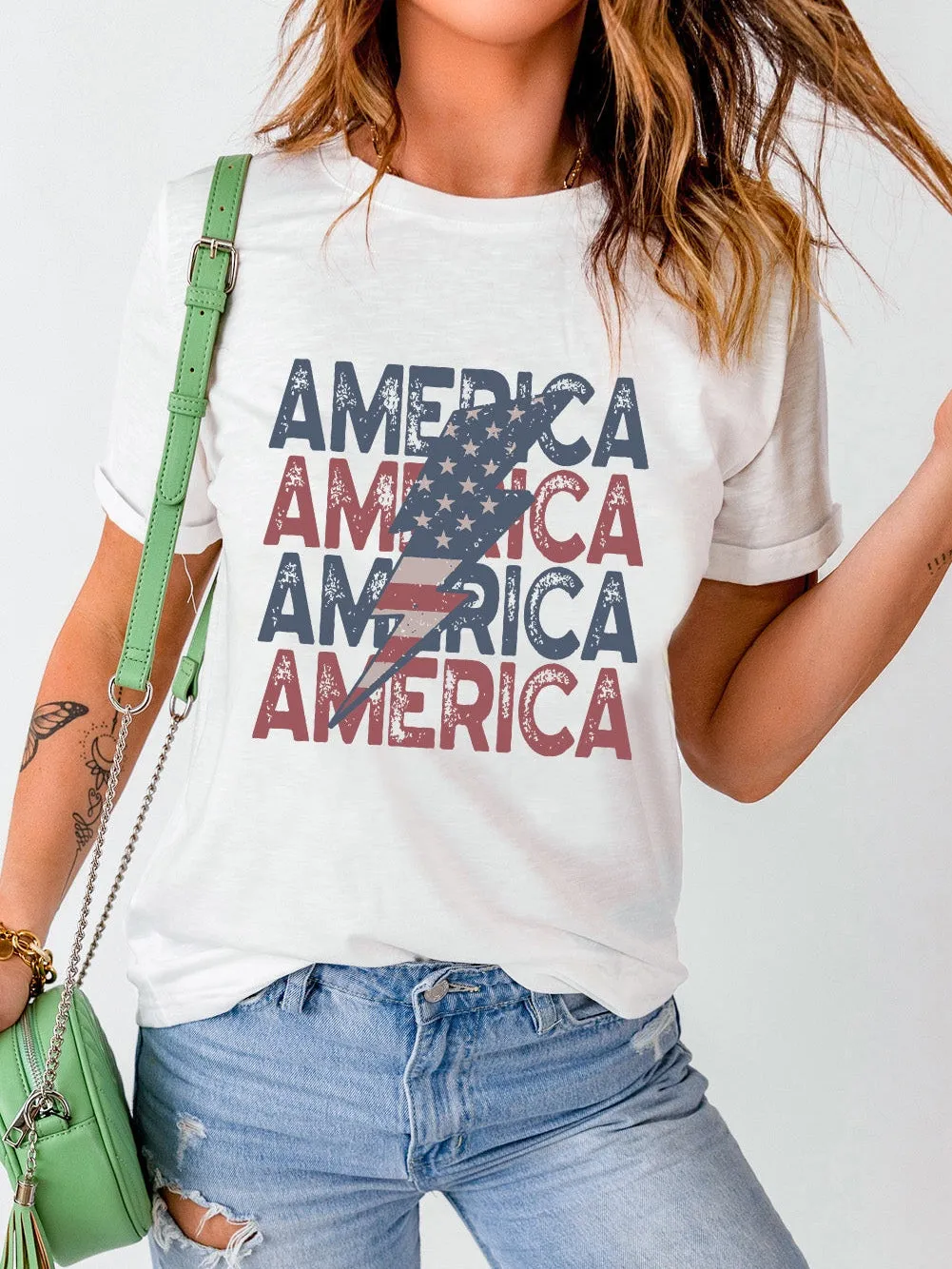 AMERICA Flag Lightning Print White Tee