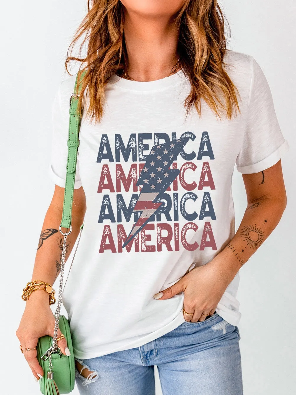 AMERICA Flag Lightning Print White Tee