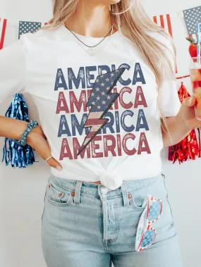 AMERICA Flag Lightning Print White Tee