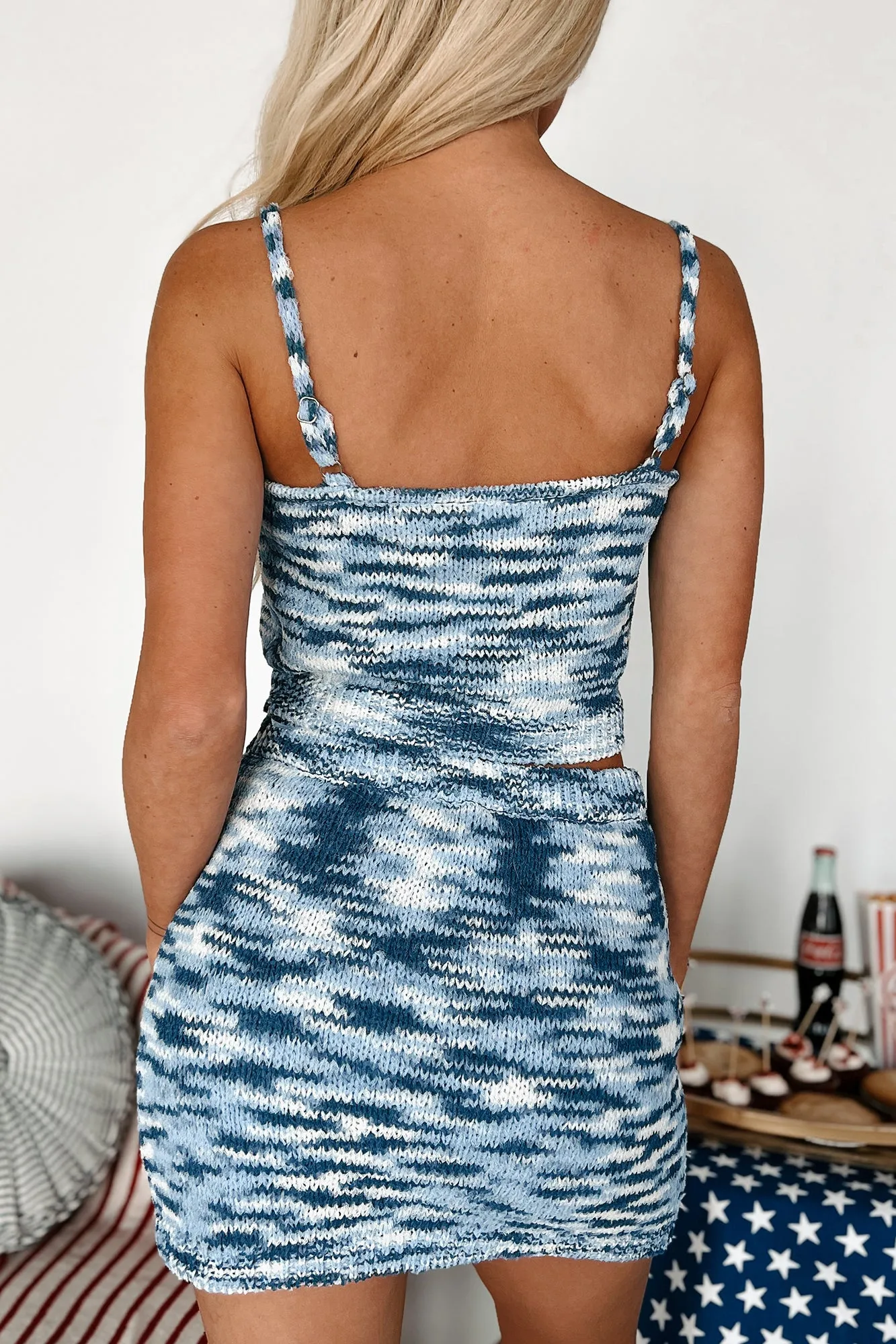 At The Harbor Sweater Knit Crop Top & Skirt Set (Blue)