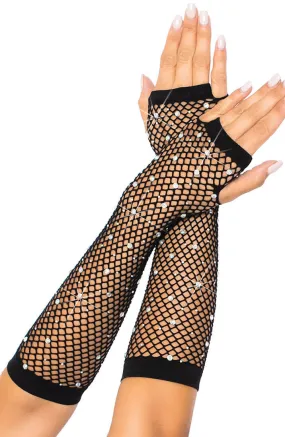 Black fingerless fishnet gloves with rhinestones