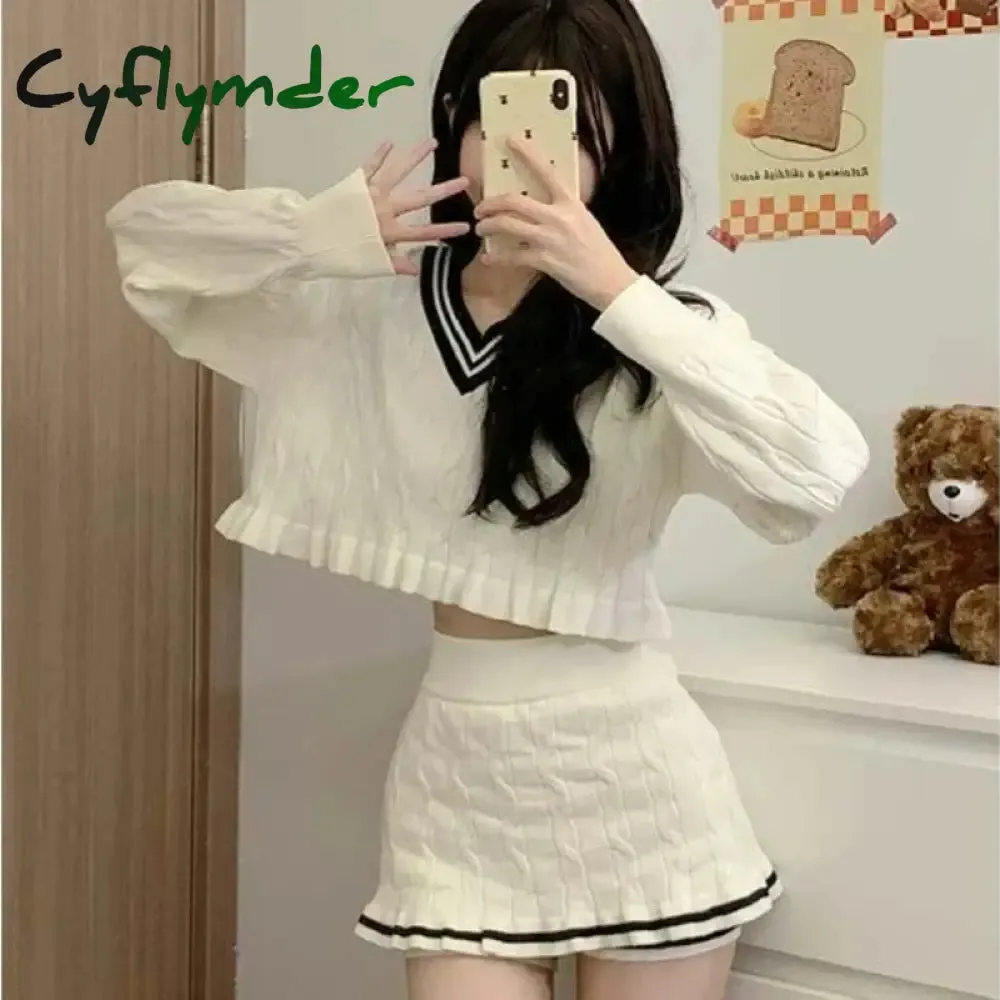 Cyflymder Korean Fashion Y2k Two Piece Skirt Set Women Sweet Stripe Knitted Sweater Crop Tops Slim Bodycon Mini Skirts Kawaii Lolita Suits