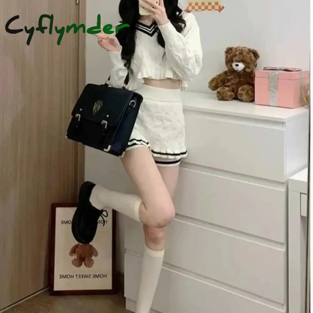 Cyflymder Korean Fashion Y2k Two Piece Skirt Set Women Sweet Stripe Knitted Sweater Crop Tops Slim Bodycon Mini Skirts Kawaii Lolita Suits