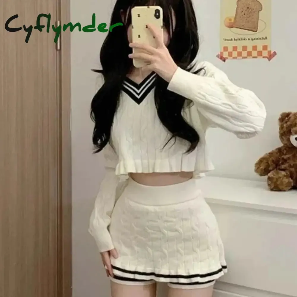 Cyflymder Korean Fashion Y2k Two Piece Skirt Set Women Sweet Stripe Knitted Sweater Crop Tops Slim Bodycon Mini Skirts Kawaii Lolita Suits