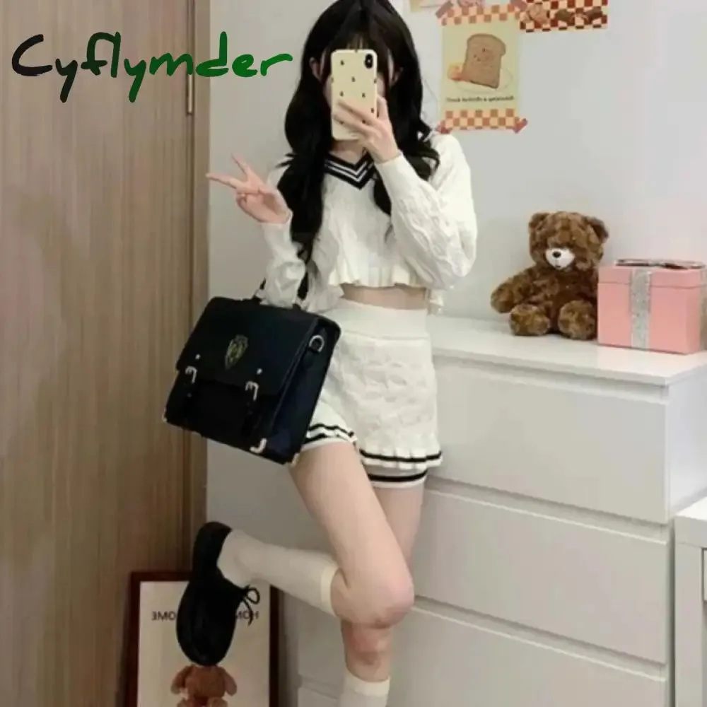 Cyflymder Korean Fashion Y2k Two Piece Skirt Set Women Sweet Stripe Knitted Sweater Crop Tops Slim Bodycon Mini Skirts Kawaii Lolita Suits