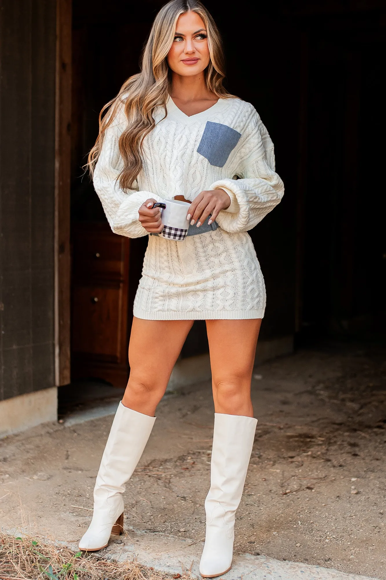 Definitely Not Average Denim Contrast Sweater Knit Two-Piece Set (Off White)