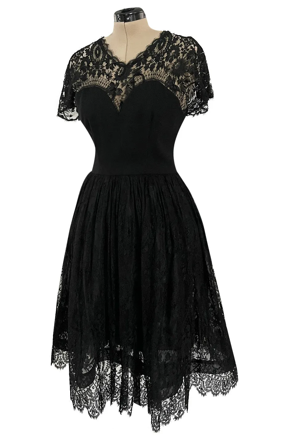 Gorgeous Late 1970s Pauline Trigere Black Wool Crepe Dress w Lace Skirt & Shoulders