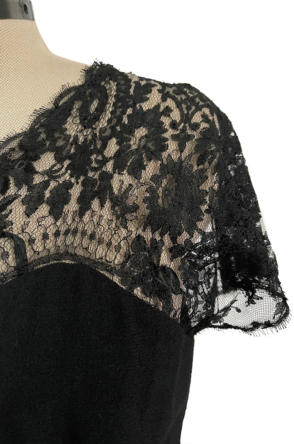 Gorgeous Late 1970s Pauline Trigere Black Wool Crepe Dress w Lace Skirt & Shoulders