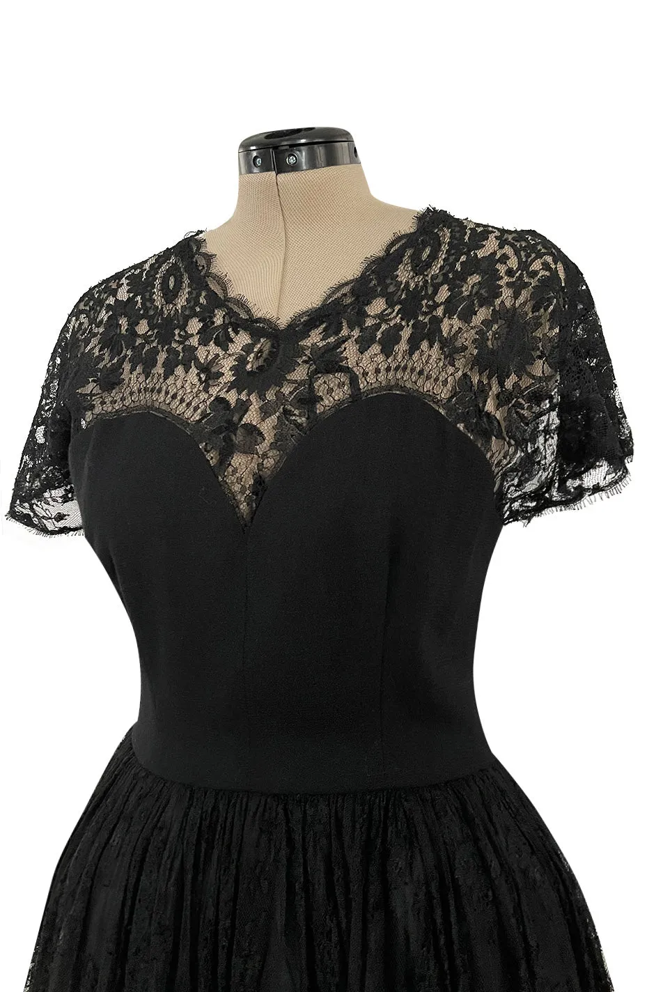 Gorgeous Late 1970s Pauline Trigere Black Wool Crepe Dress w Lace Skirt & Shoulders
