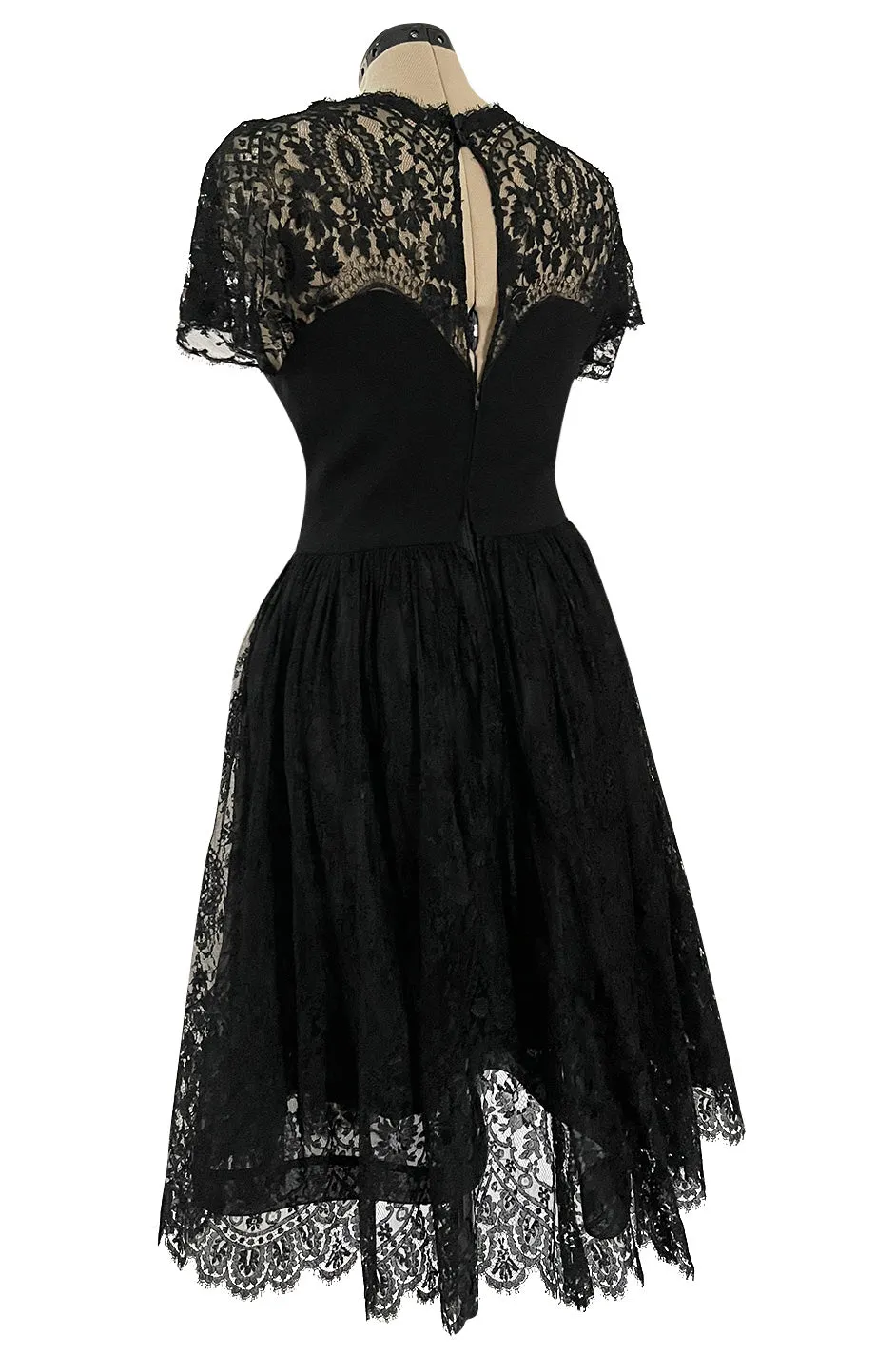 Gorgeous Late 1970s Pauline Trigere Black Wool Crepe Dress w Lace Skirt & Shoulders