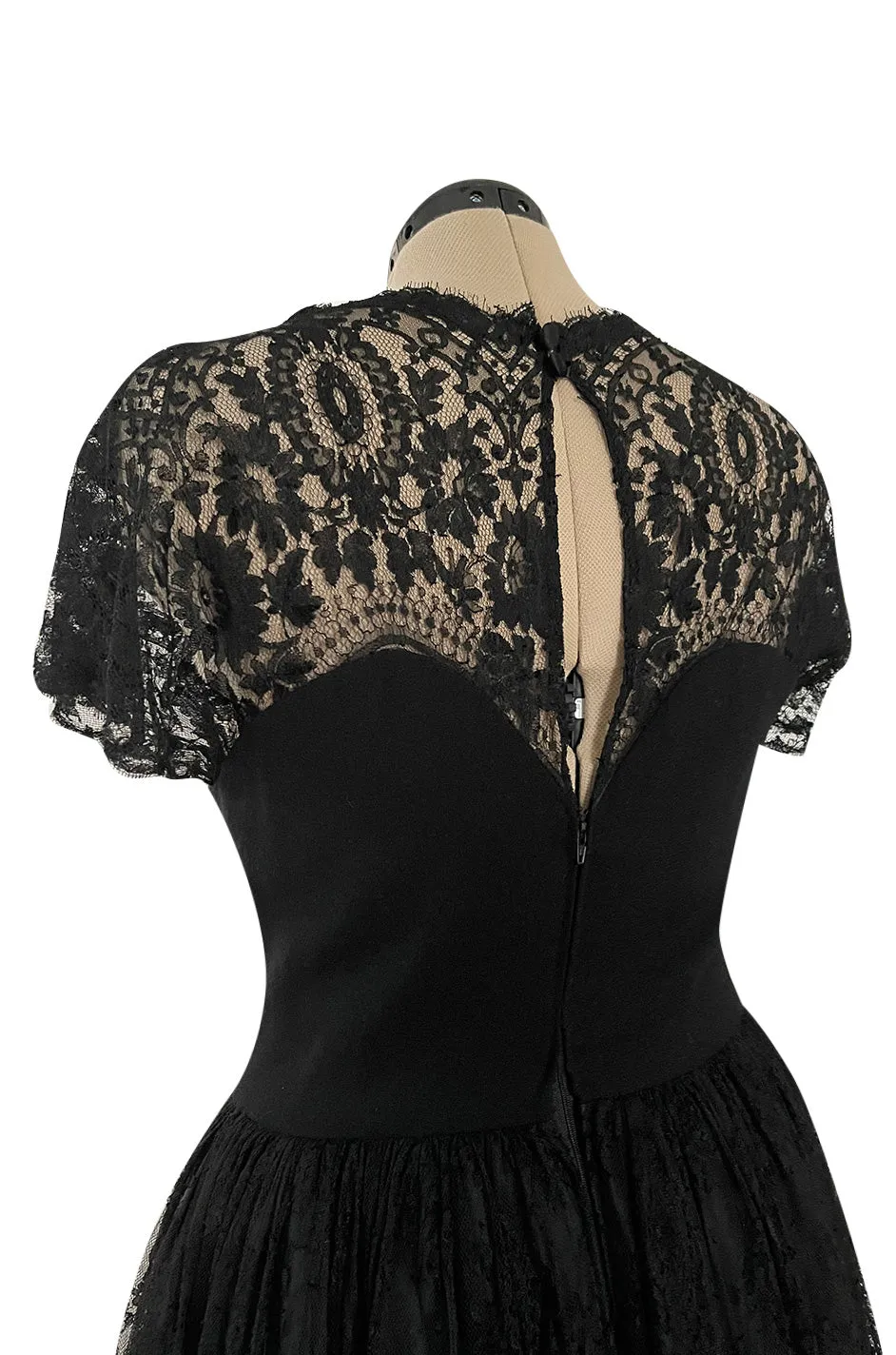 Gorgeous Late 1970s Pauline Trigere Black Wool Crepe Dress w Lace Skirt & Shoulders