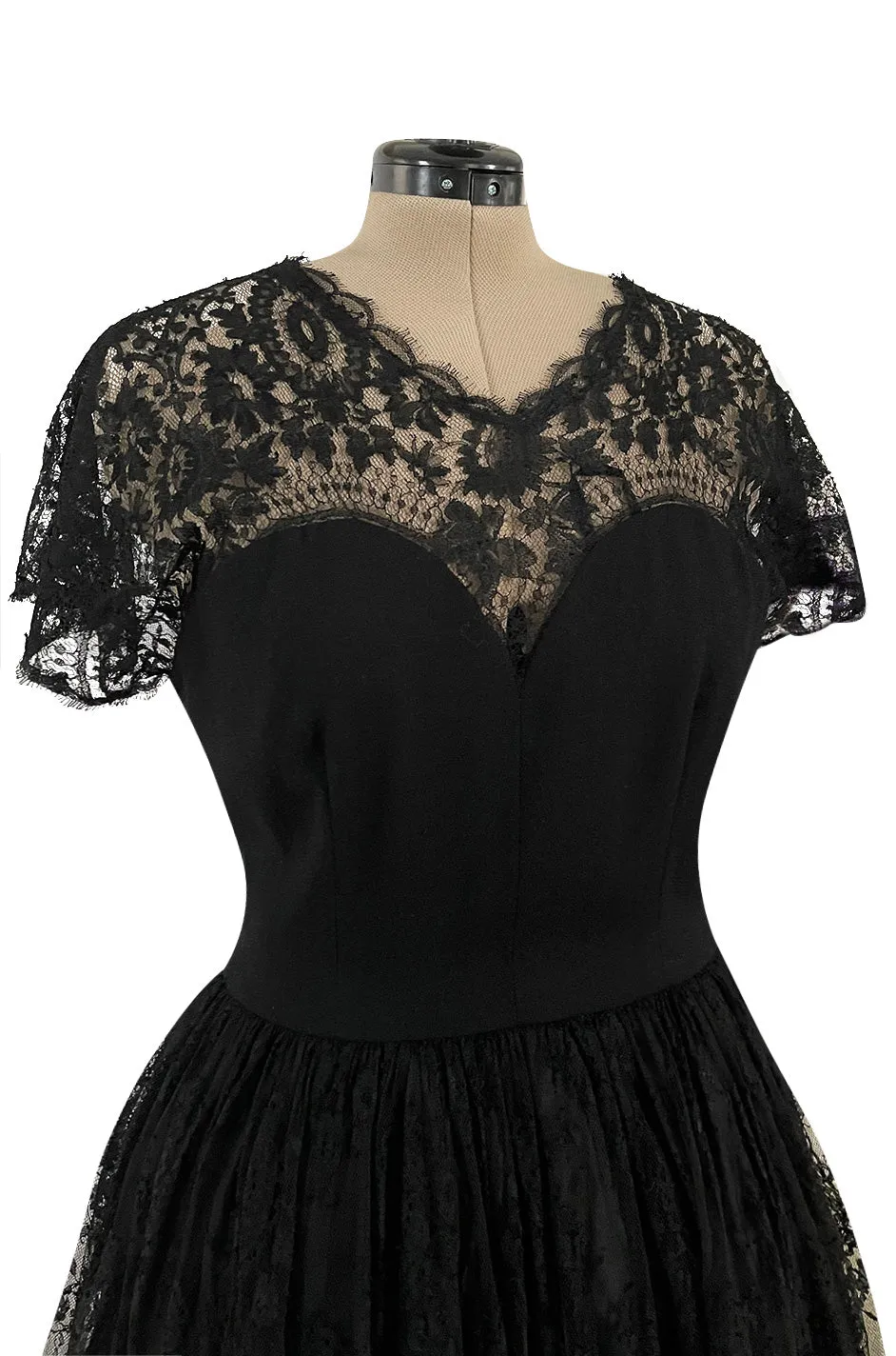 Gorgeous Late 1970s Pauline Trigere Black Wool Crepe Dress w Lace Skirt & Shoulders