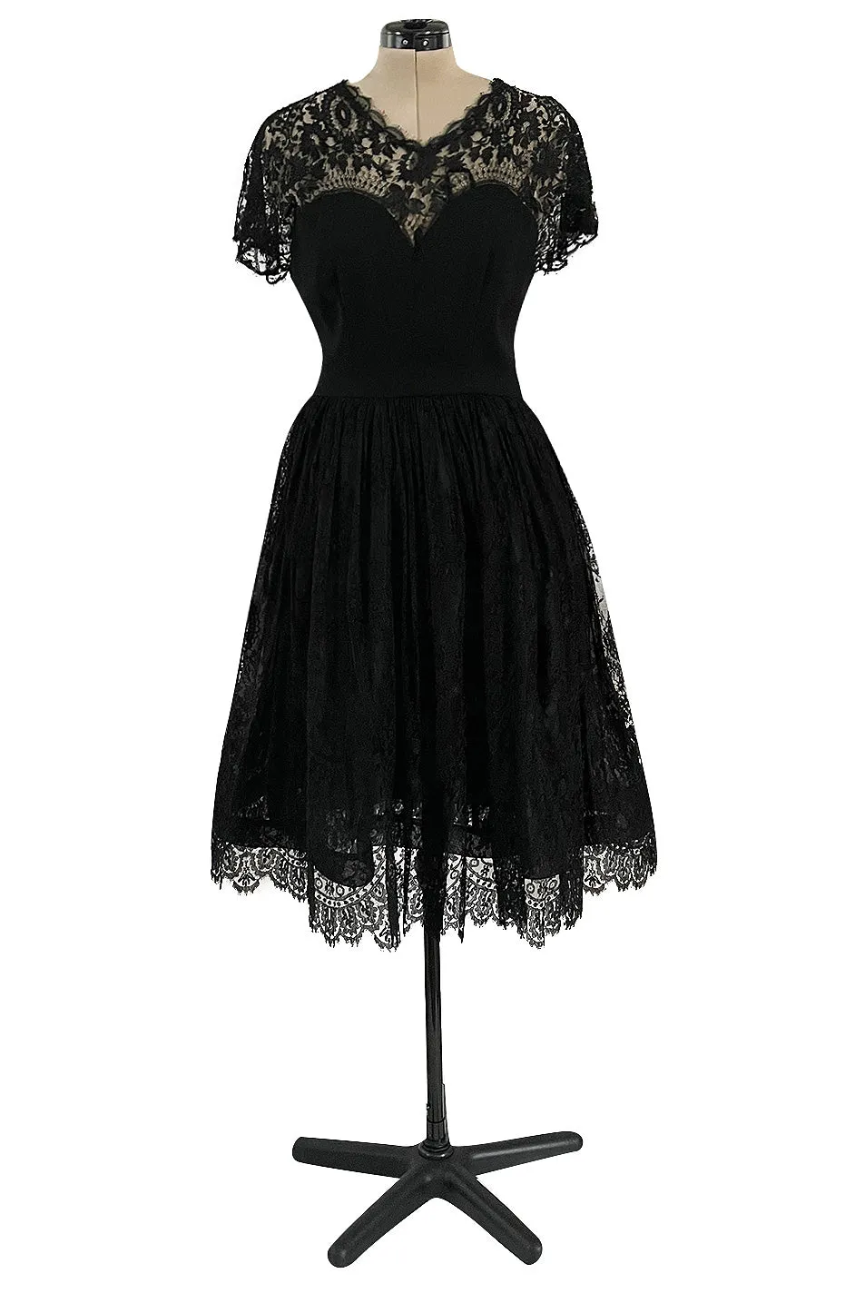 Gorgeous Late 1970s Pauline Trigere Black Wool Crepe Dress w Lace Skirt & Shoulders