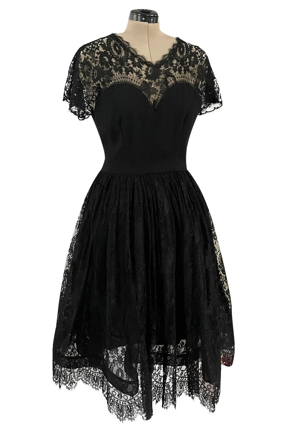 Gorgeous Late 1970s Pauline Trigere Black Wool Crepe Dress w Lace Skirt & Shoulders