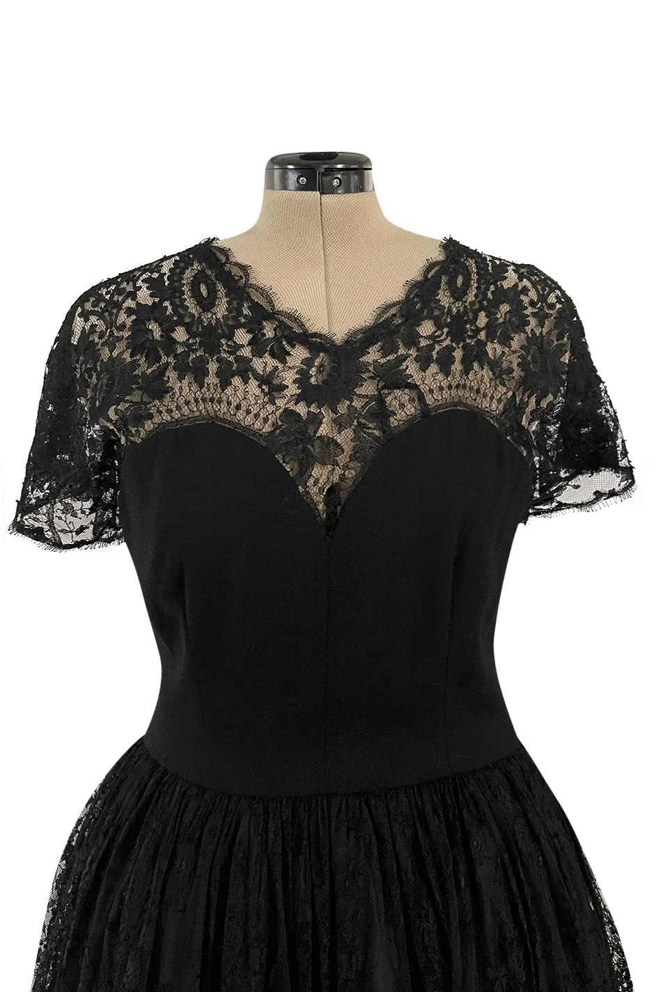 Gorgeous Late 1970s Pauline Trigere Black Wool Crepe Dress w Lace Skirt & Shoulders