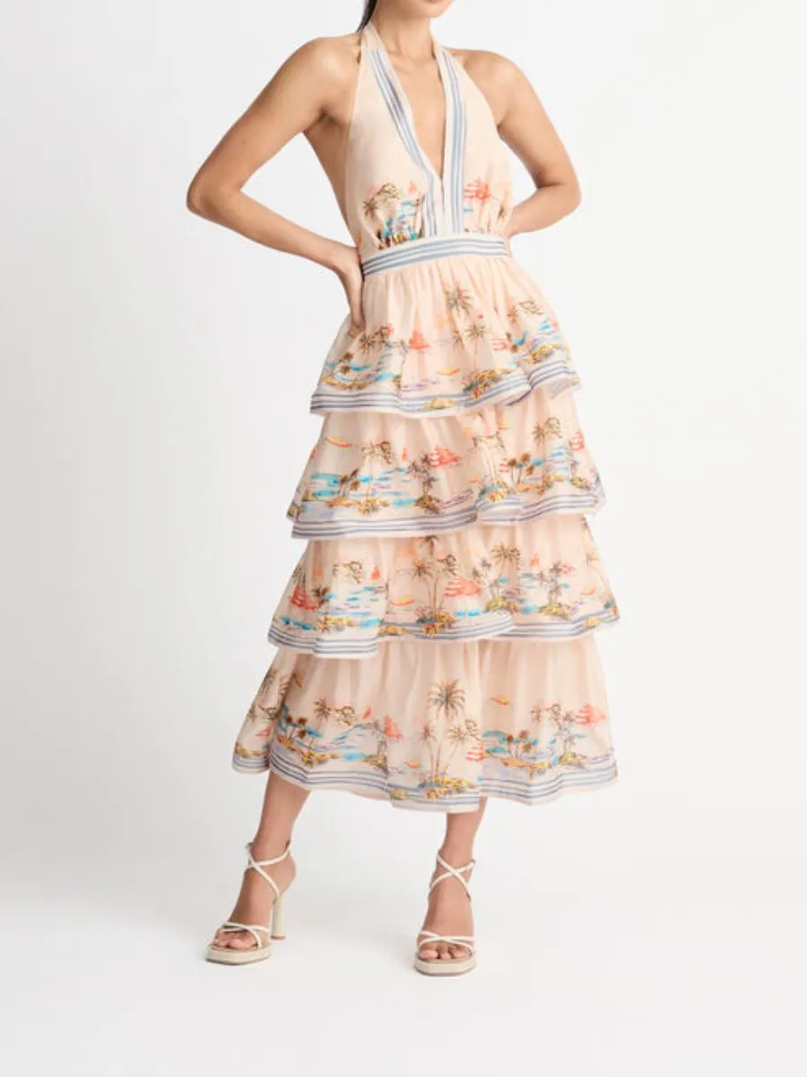 Halter Neck Tiered Vision Print Maxi Dress