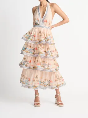 Halter Neck Tiered Vision Print Maxi Dress