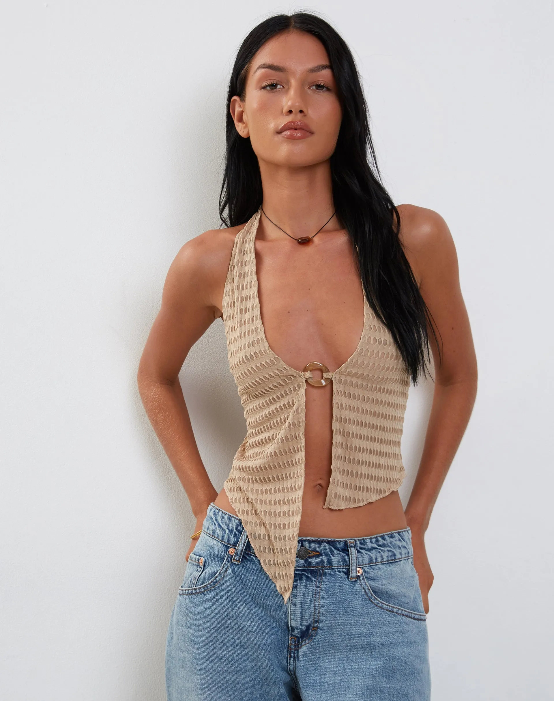 KACIE HALTER TOP 3D WAFFLE KNIT OAT