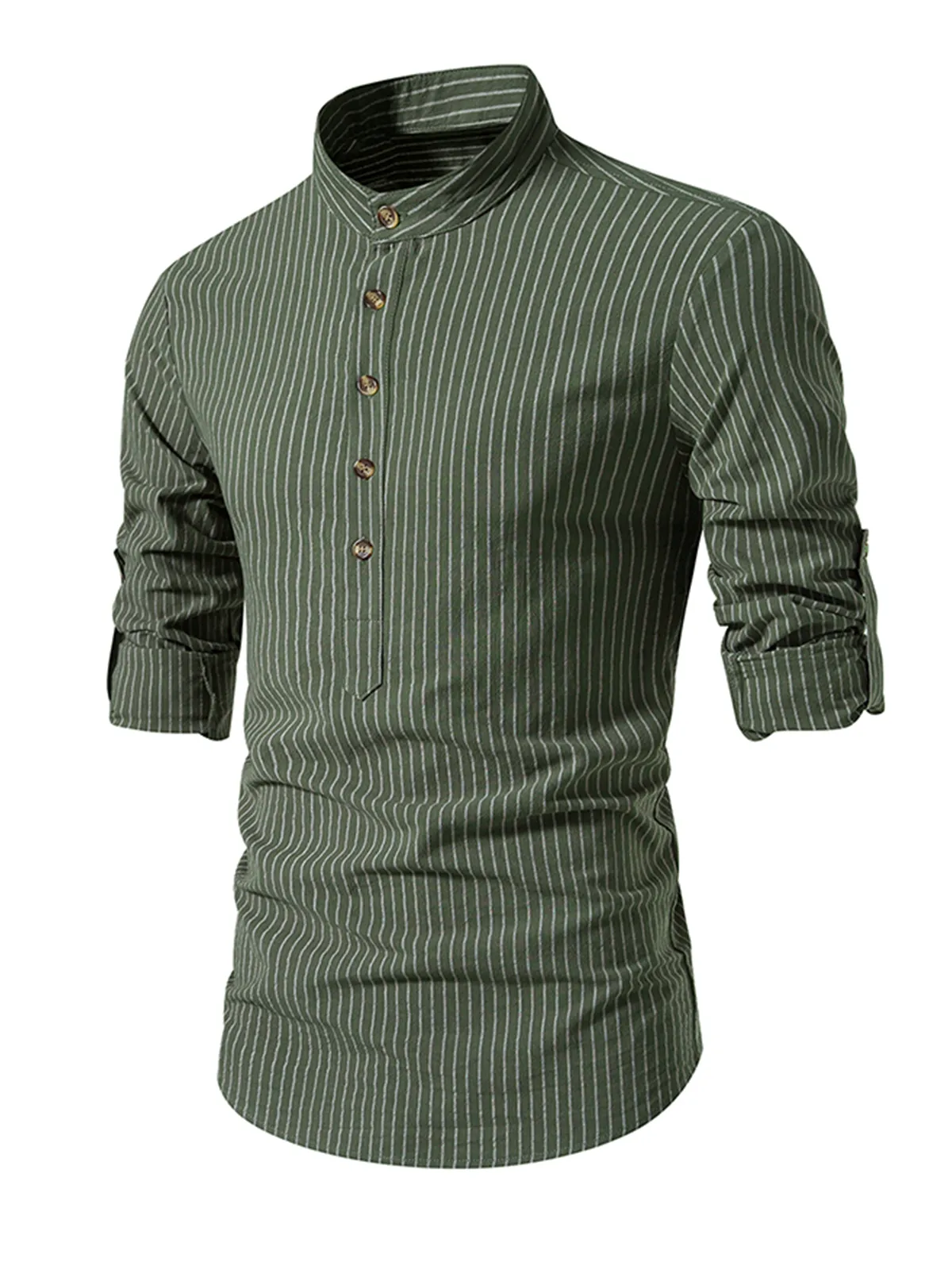 Men's Cotton Vertical Striped Henley Collar Long Sleeve Shirt