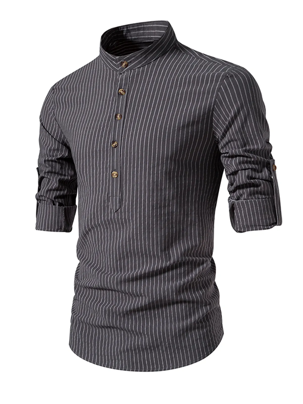 Men's Cotton Vertical Striped Henley Collar Long Sleeve Shirt