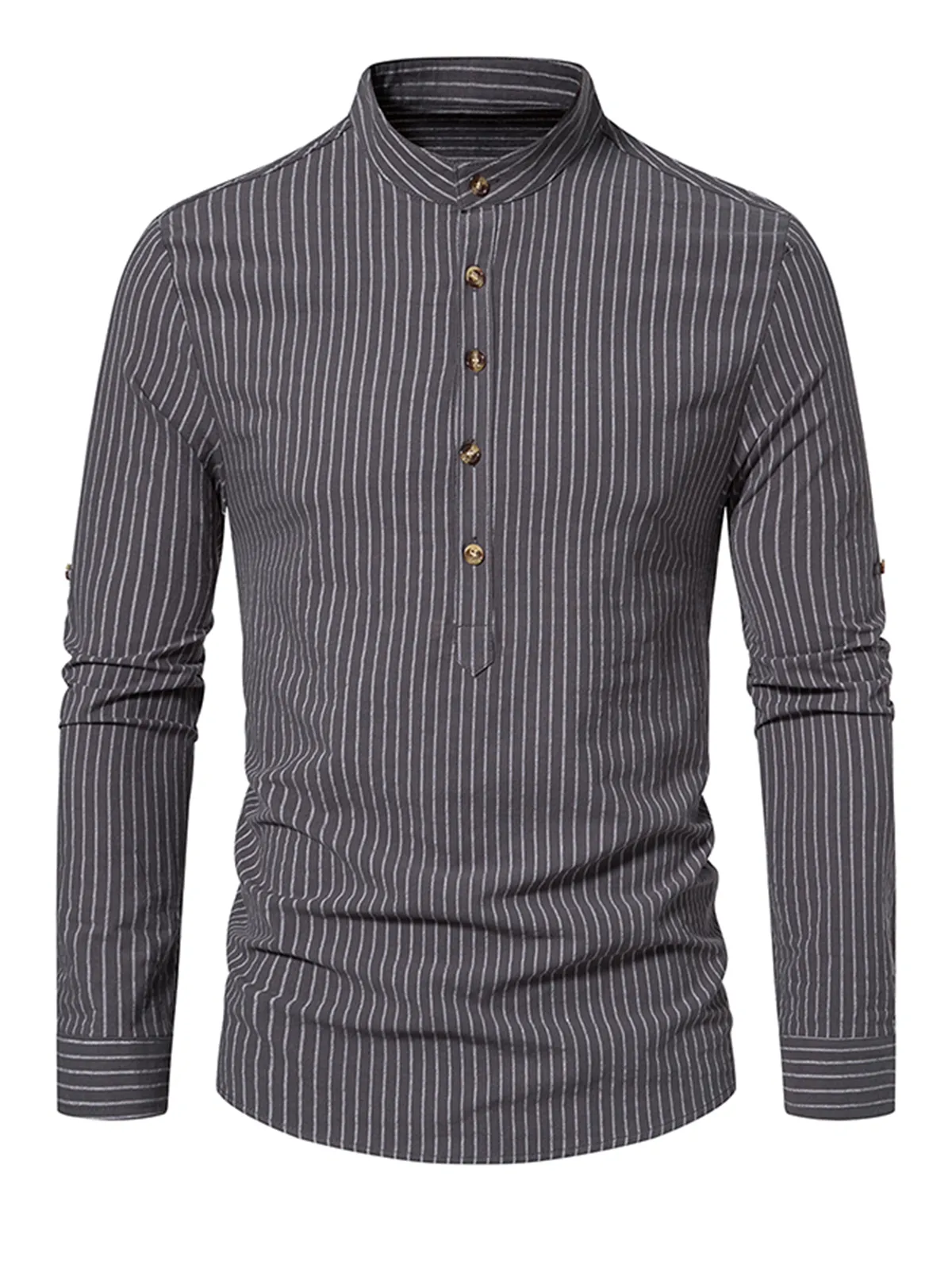 Men's Cotton Vertical Striped Henley Collar Long Sleeve Shirt