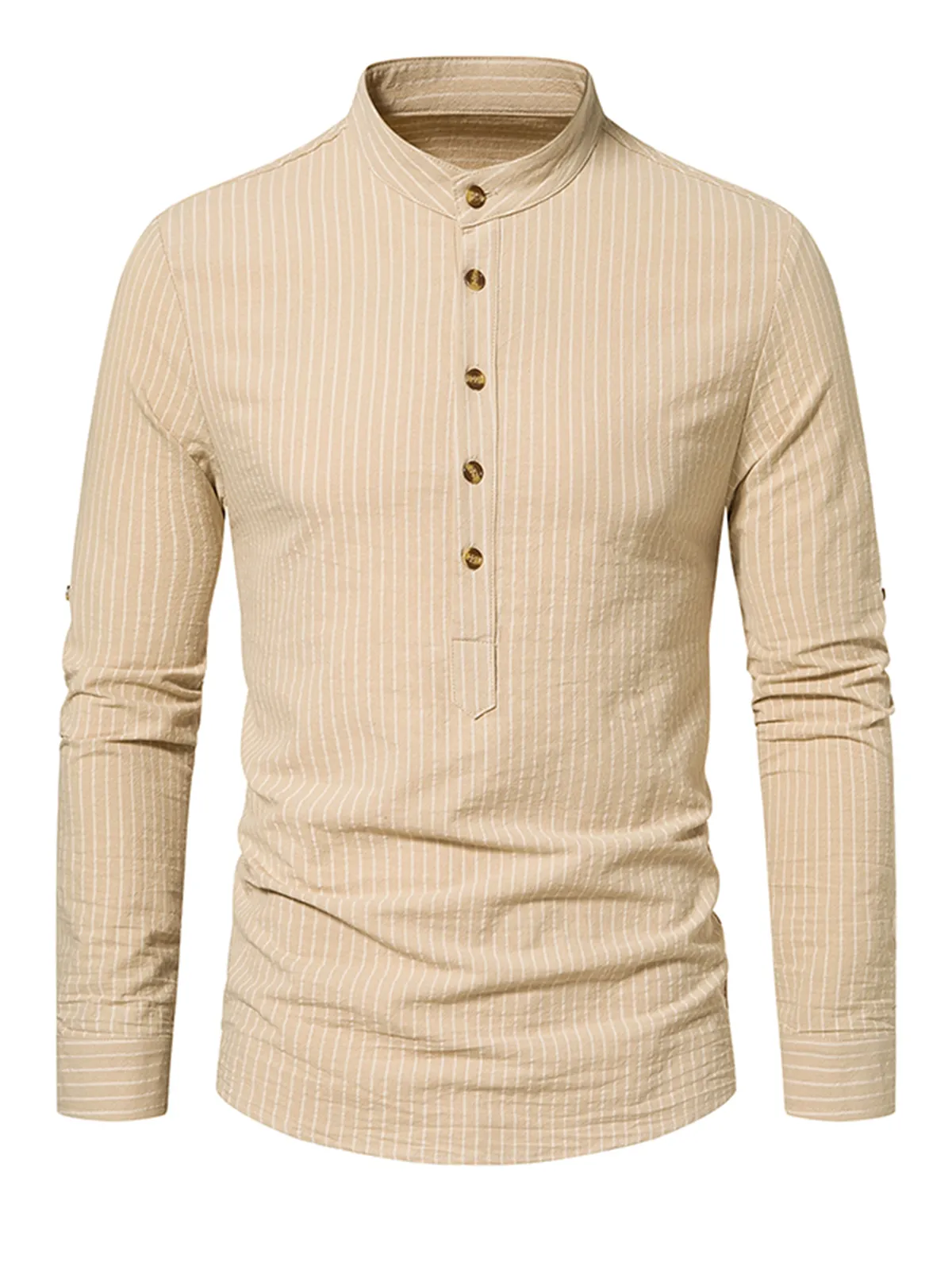 Men's Cotton Vertical Striped Henley Collar Long Sleeve Shirt