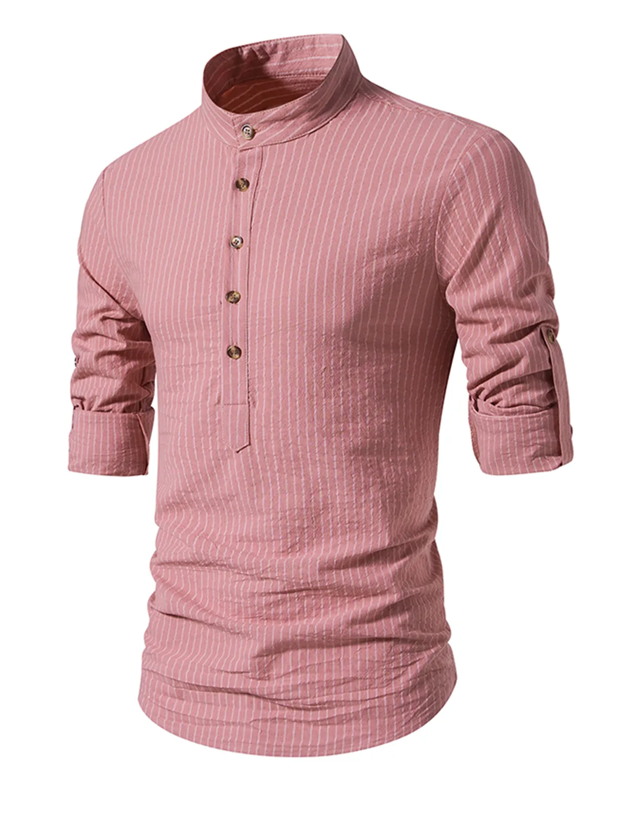 Men's Cotton Vertical Striped Henley Collar Long Sleeve Shirt