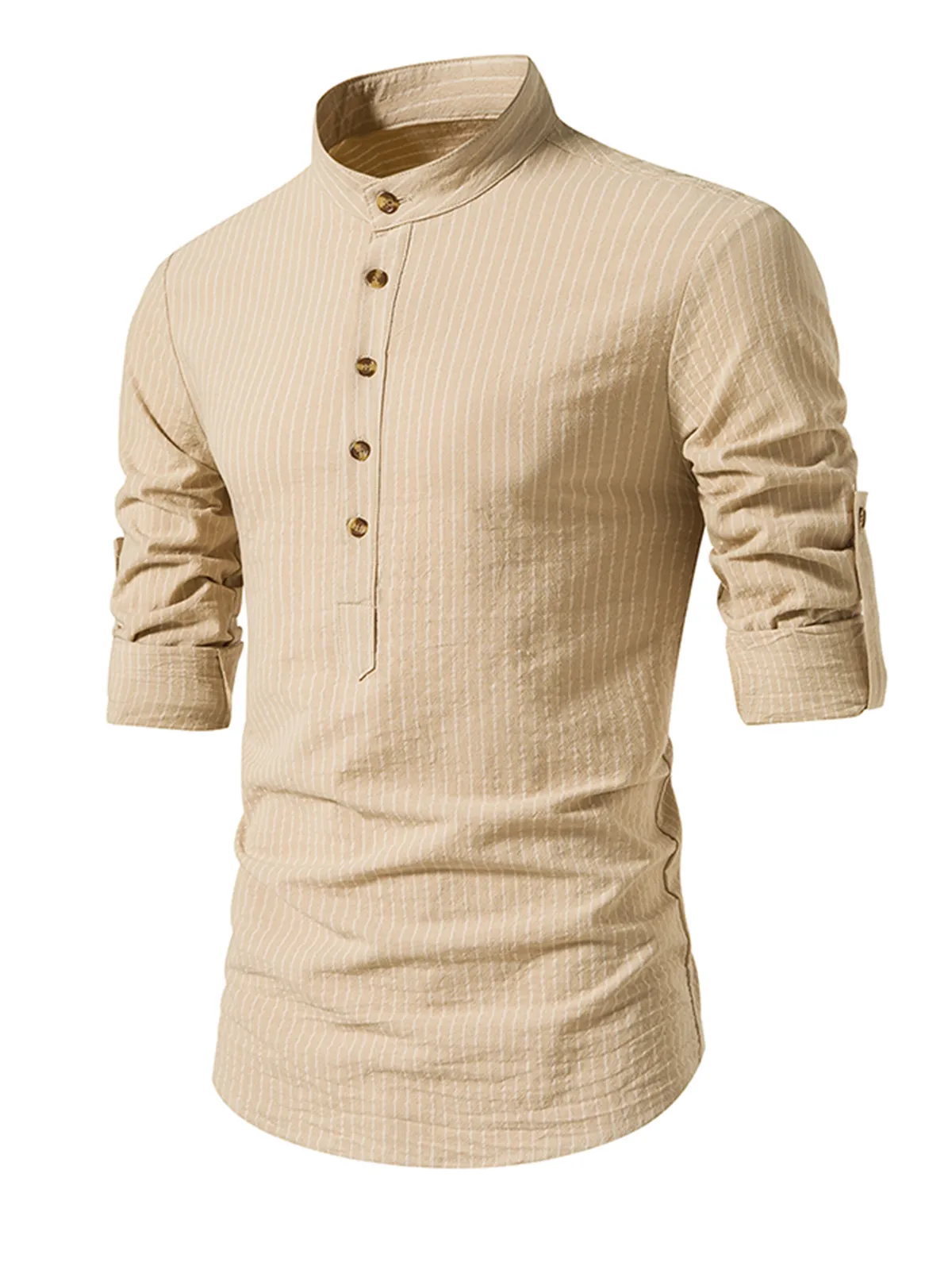 Men's Cotton Vertical Striped Henley Collar Long Sleeve Shirt