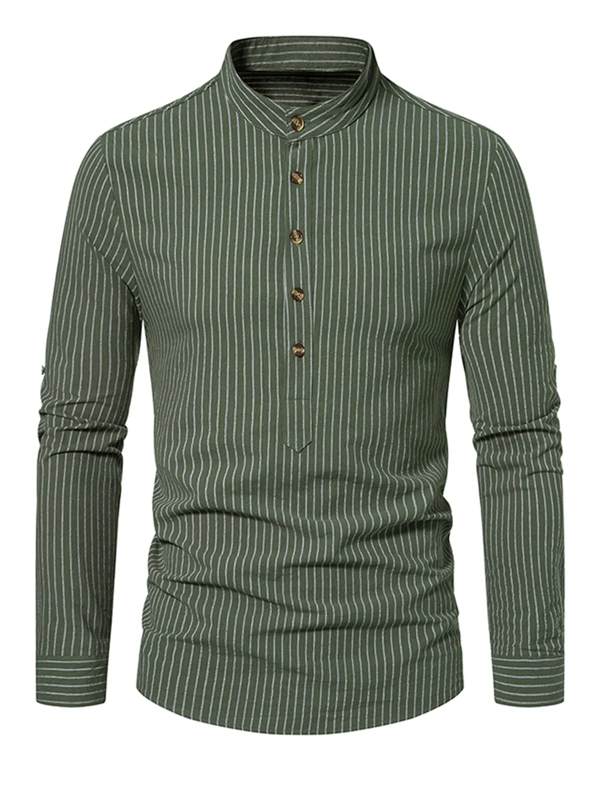 Men's Cotton Vertical Striped Henley Collar Long Sleeve Shirt