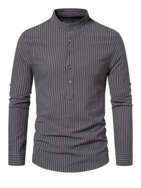 Men's Cotton Vertical Striped Henley Collar Long Sleeve Shirt
