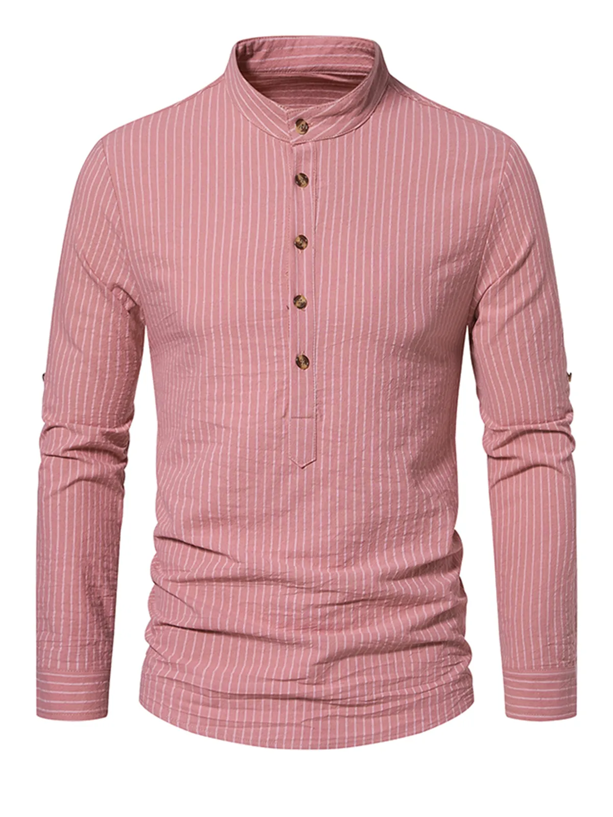 Men's Cotton Vertical Striped Henley Collar Long Sleeve Shirt