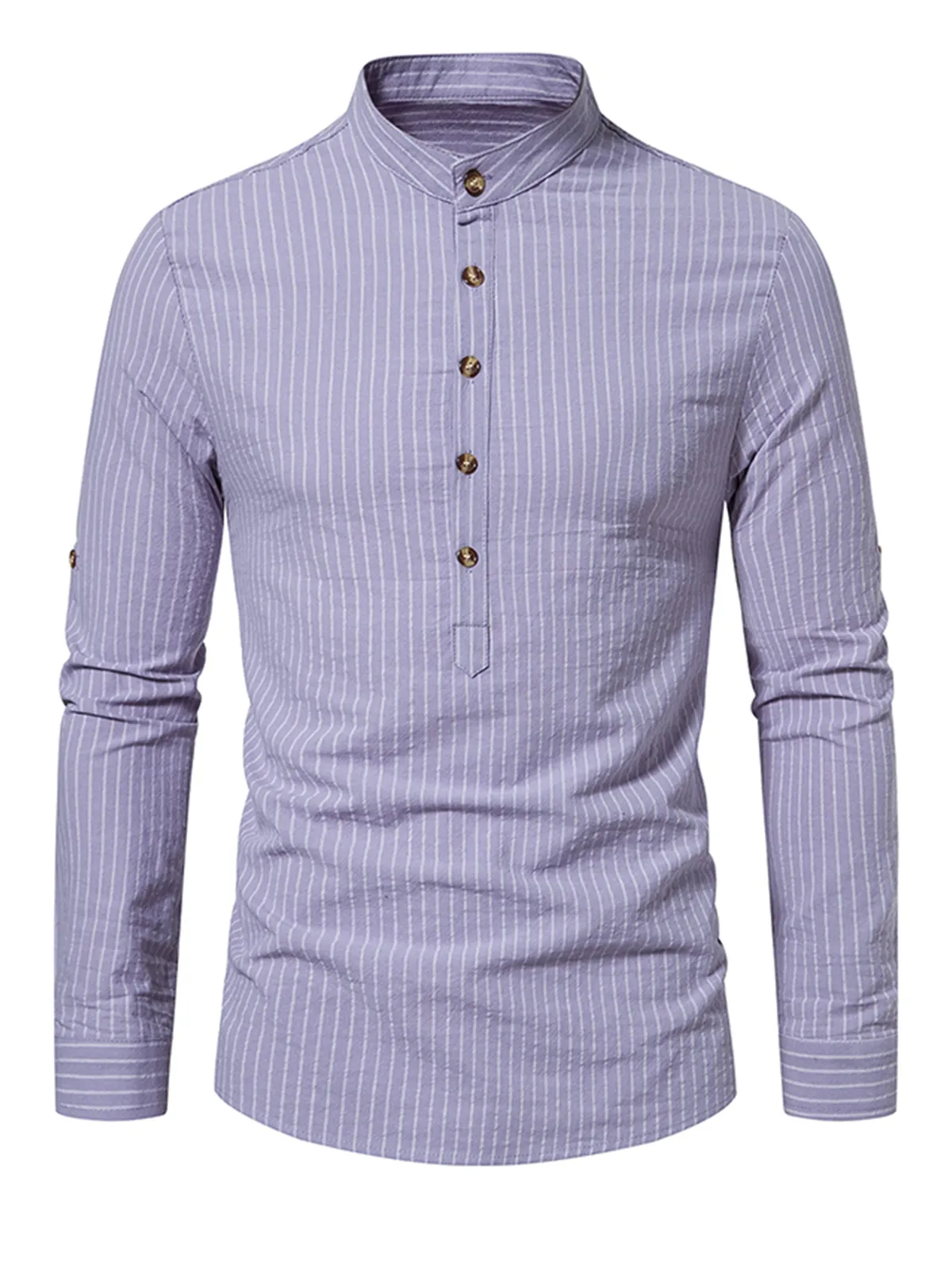 Men's Henley Collar Vertical Striped 100% Cotton Long Sleeve Shirt