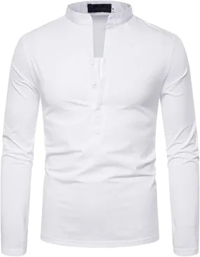 Men's White Casual Long Sleeve Henley Shirt