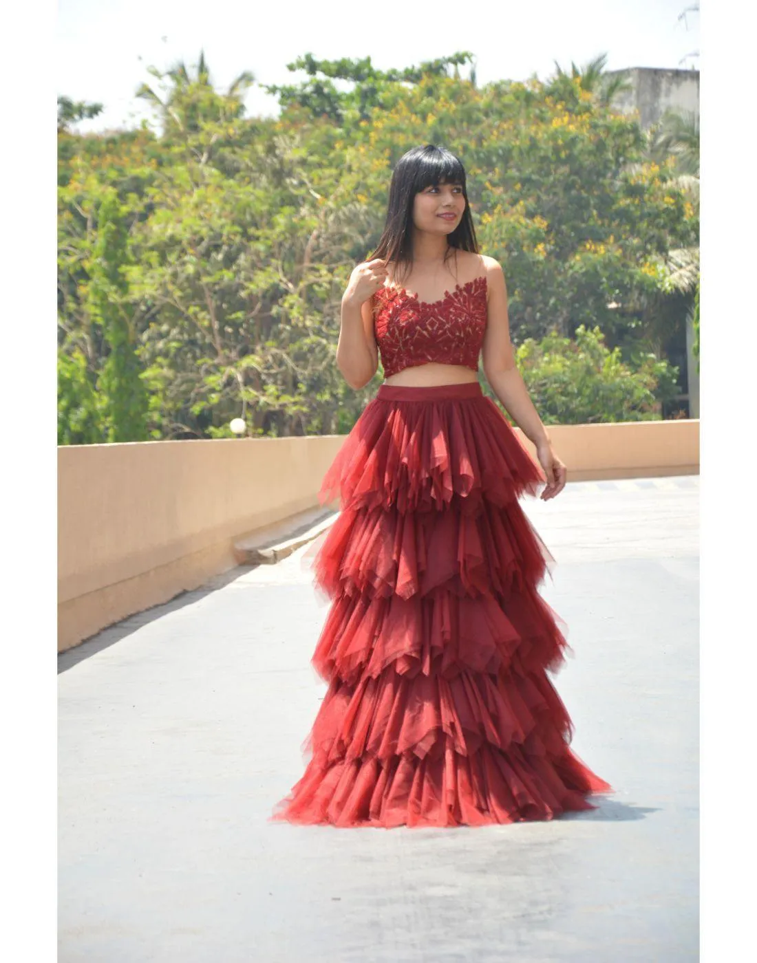 Multi Layered Wine Red Skirt Top Set