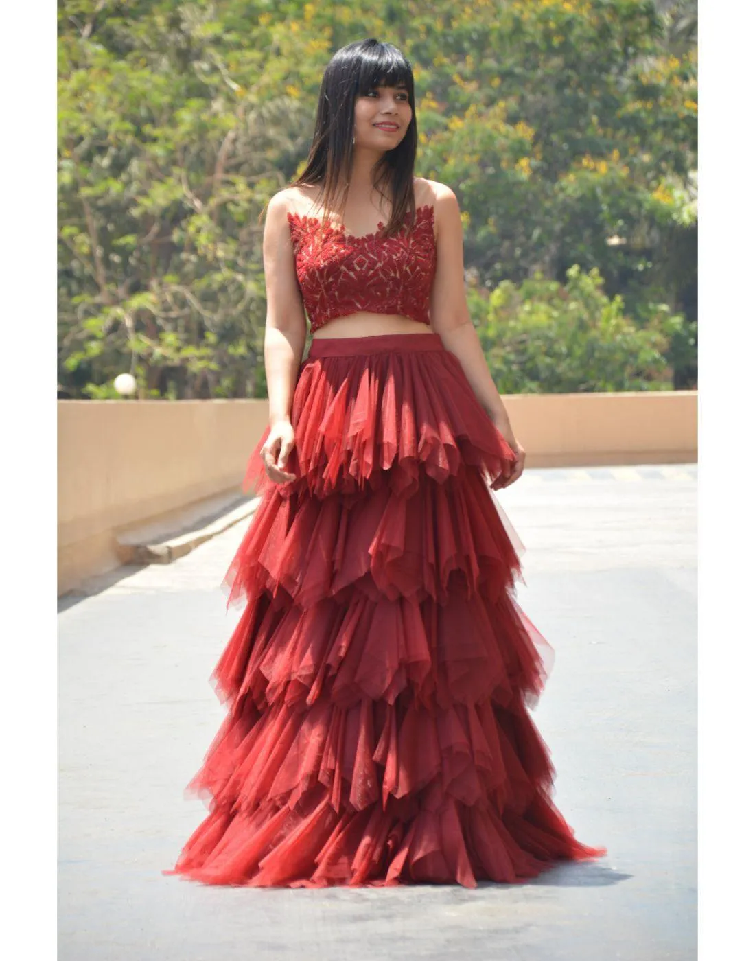 Multi Layered Wine Red Skirt Top Set